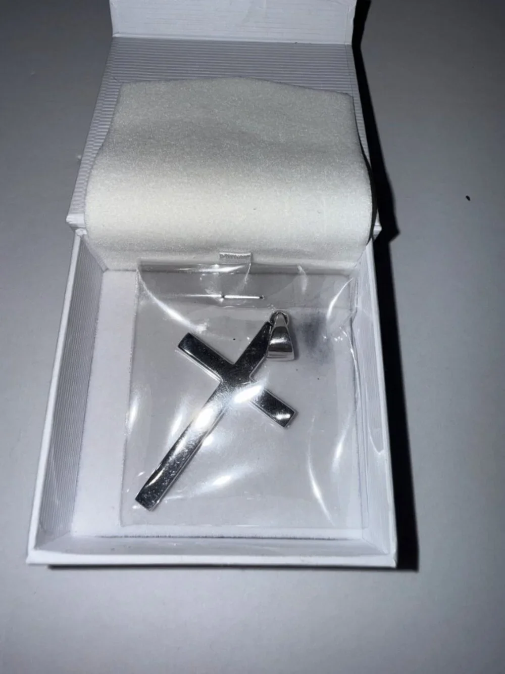 US Jewels Polished Cross Pendant Silver Tone Sealed with Gift Box Pendant Only